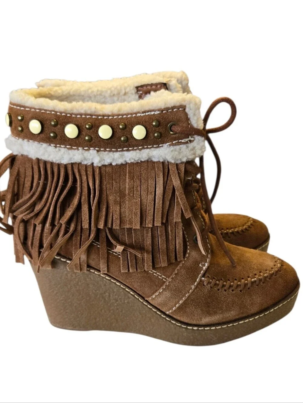 Sam Edelman Fringe Sherpa Lace Up Ankle Boots Brown Suede Size 8.5 🤎🍂
